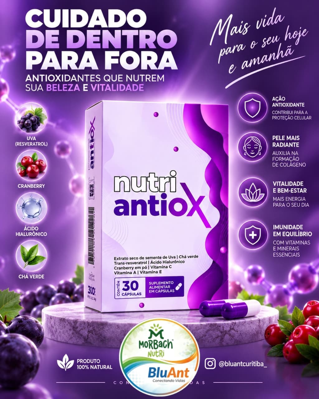 Apresentação Nutri Antiox com ingredientes da fórmula